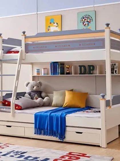 A bunk bed with built-in shelving, perfect for keeping books and toys organized.