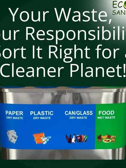 Your waste is your responsibility. This image shows a properly labeled segregation bin for paper, plastic, glass, and food waste. Sorting it right is a simple habit for a cleaner planet.