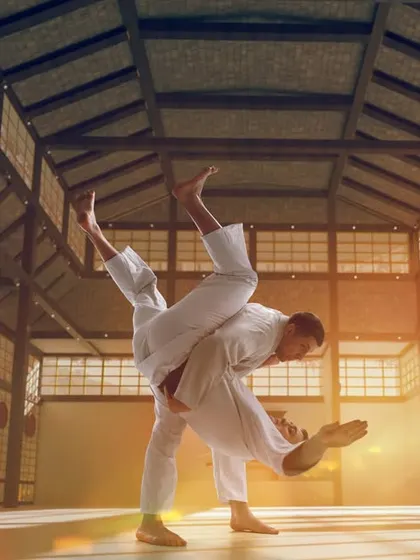 A powerful image of a Judo throw. This represents the beauty and effectiveness of traditional martial arts.