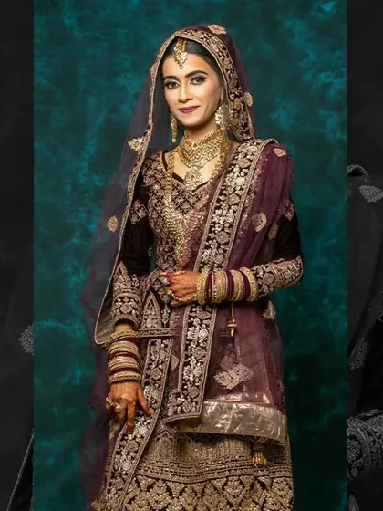 A stunning Muslim bridal look created by a student. The deep purple velvet lehenga is beautifully complemented by the soft and regal makeup.