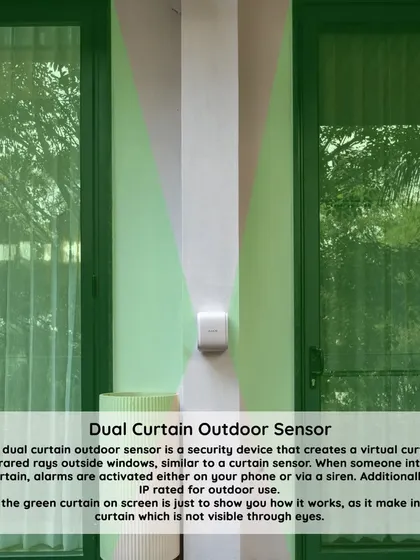 The dual curtain outdoor sensor extends security to your home's exterior. This weatherproof device creates a virtual infrared curtain outside windows, providing an early warning if an intruder approaches.