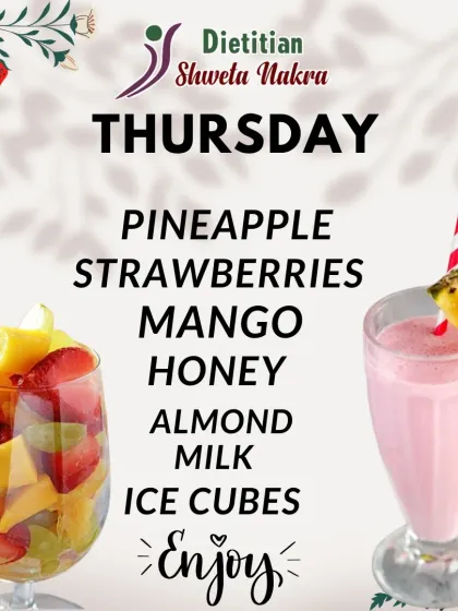 Get a tropical feel with this Thursday smoothie. A blend of pineapple, strawberries, and mango with almond milk makes for a refreshing and nutrient-dense drink.