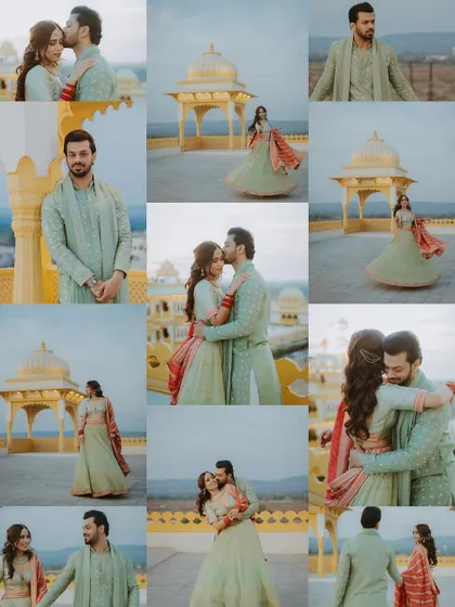 A large collage capturing the full story of a couple's Mehendi photoshoot at a heritage location in Udaipur.