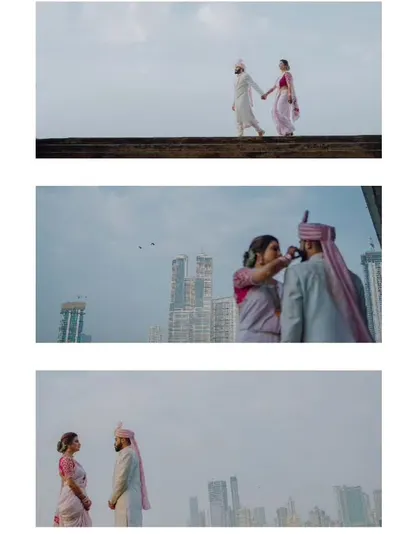A collage of portraits capturing the couple against the modern backdrop of the city and racecourse.