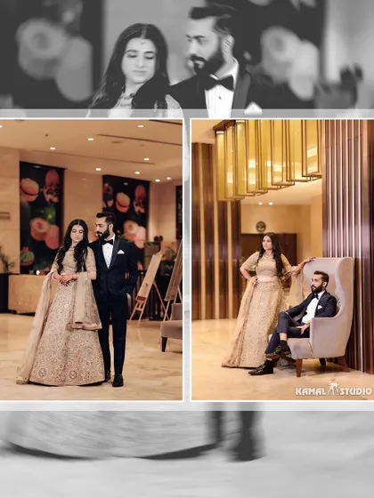 A collection of elegant engagement portraits of a couple in a modern hotel lobby, showcasing their sophisticated style.