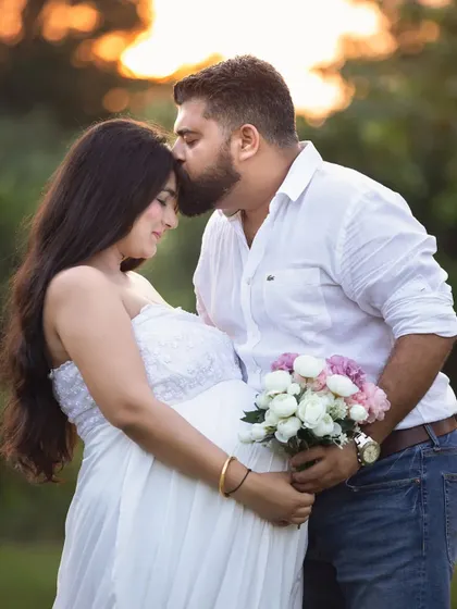 A tender moment during an outdoor maternity session at sunset. I aim to capture the quiet connection and anticipation between partners as they await their new arrival.