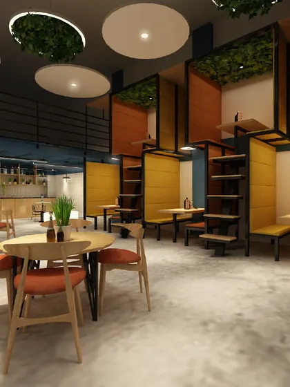 A render of a recreational office space with unique pod-style seating. The design incorporates greenery and natural wood tones to create a relaxing and inspiring area for employees to unwind.