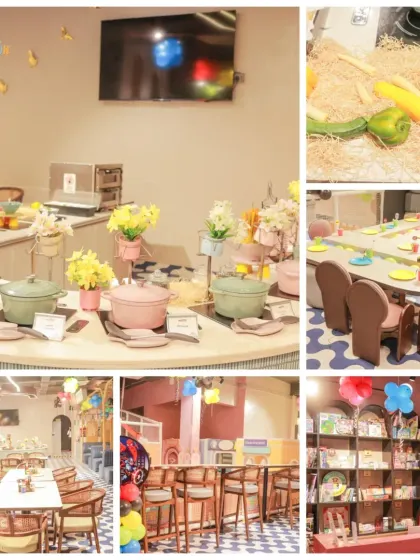 A look at our beautiful cafe and dining setup. We provide comfortable seating for kids and adults, with a delicious food spread ready for everyone to enjoy.