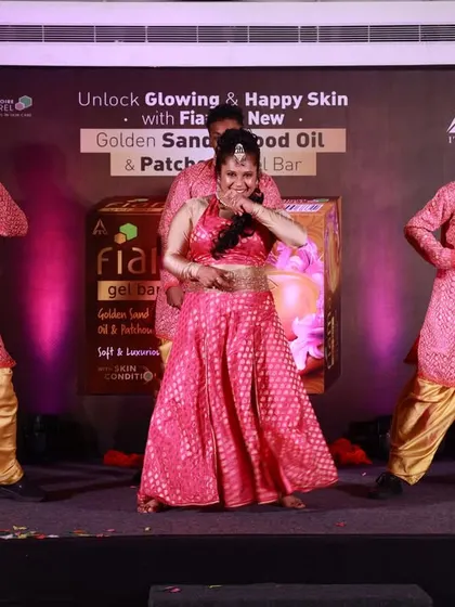 Our lead dancer and choreographer, Ramya, performing with the team at a corporate show for Fiama. We bring Bollywood energy to any stage.