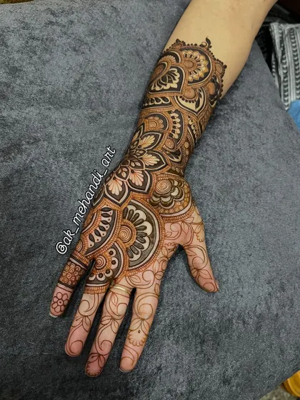 A slightly different angle of the same intricate full-hand design, highlighting the detailed work on the fingers.