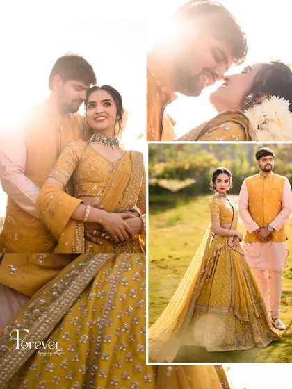 A collage from a pre-wedding shoot, capturing the couple's love and happiness in the warm, golden sunlight.