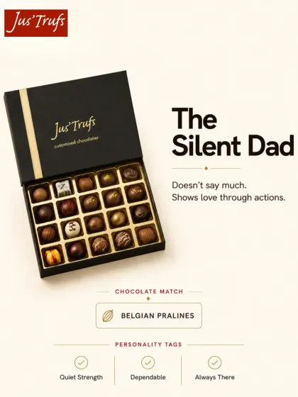 Our "Silent Dad" Father's Day gift pairs a black-and-gold box with an assortment of Belgian Pralines.