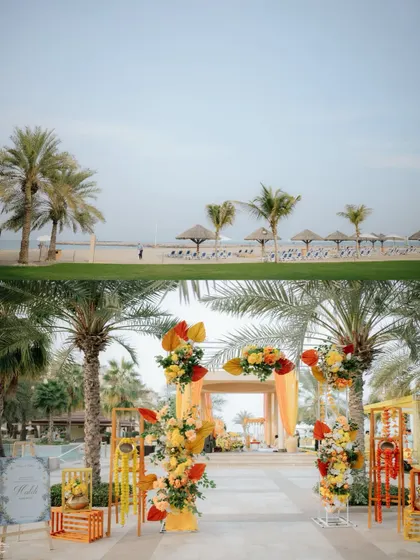 Capturing the vibrant decor and beachside location of a Mehendi event in Dubai. The details of the venue are part of the wedding's story.