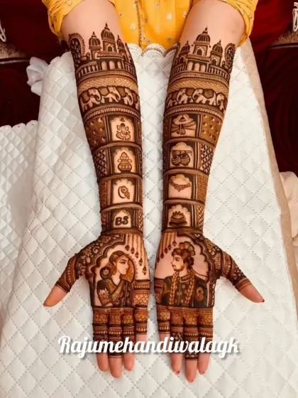 This design shows the bride and groom portraits on the palms, with important wedding symbols like the kalash and Ganesha depicted on the arms. It's a mix of personal and traditional art.