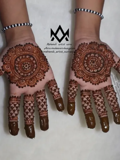 A classic Karva Chauth mehendi with a central mandala and detailed fingers, a timeless and beautiful choice.