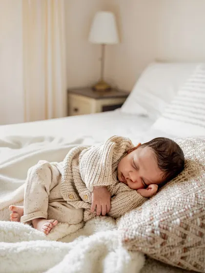 A newborn sleeping peacefully on a comfy bed. Lifestyle sessions are perfect for capturing these serene moments in a natural, unposed way.