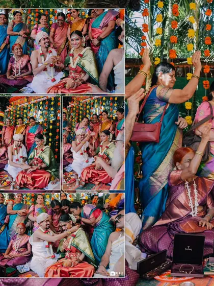A wide collage showing the scale of the family's involvement and celebration during the wedding rituals.