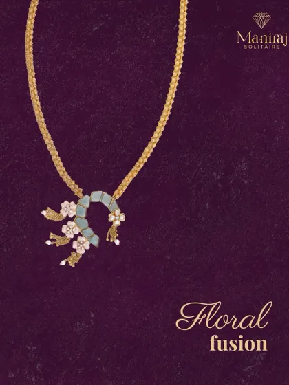A delicate fusion of floral charm and modern design. This necklace features a light blue stone centerpiece with small diamond flowers on a simple gold chain. It's a perfect example of statement with subtlety.