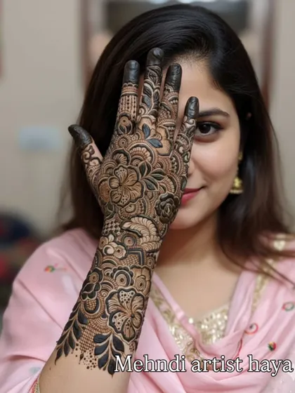 The best part of my job is seeing a client's happiness. Here's a beautiful bride showing off her full-arm floral henna, a design that took hours of 'mehnat' but was worth every second for this smile.
