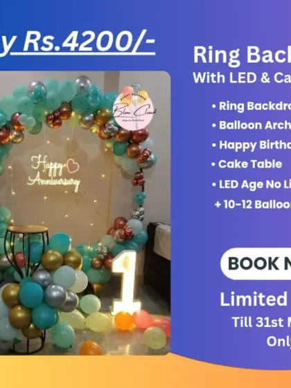 Promotional offer for a Ring Backdrop with LED and Cake Table for Rs. 4200.