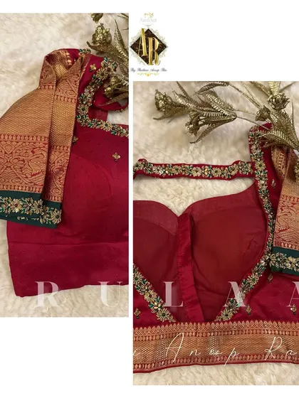 A classic red blouse with a halter-style neckline. The saree's original zari border is used on the sleeves, which are finished with a simple embroidered edge.