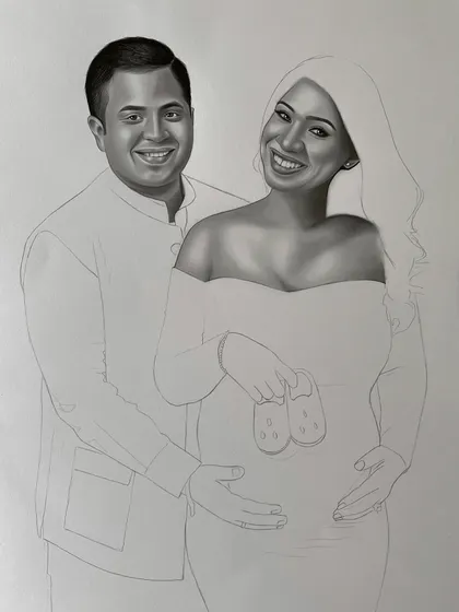 Another progress shot of the maternity sketch, showing the gradual build up of tones and textures.