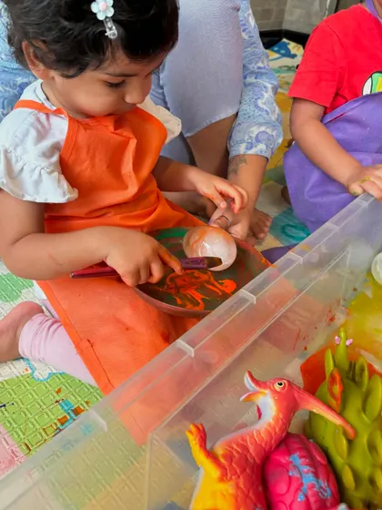 Painting dinosaur eggs is a favorite activity during our dinosaur week. It’s a wonderful tactile experience that lets kids get creative while imagining what might hatch from their colorful eggs.