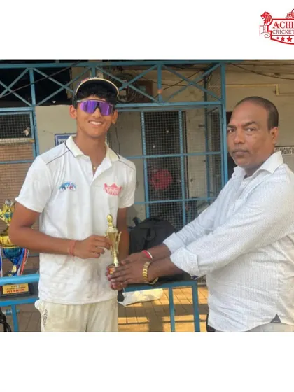 Mittansh N receiving the Best Batsman award at the AT Cup. His consistent scoring was a key factor in our team's triumph.