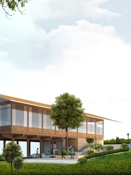 This render shows the main yoga hall, which is placed at an upper level to take full advantage of the site's vistas, creating an inspiring space for practice.