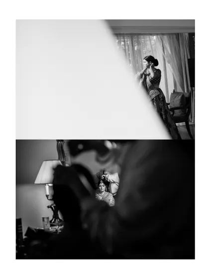 A collage of two black and white shots of the bride getting ready, capturing the quiet, intimate moments.
