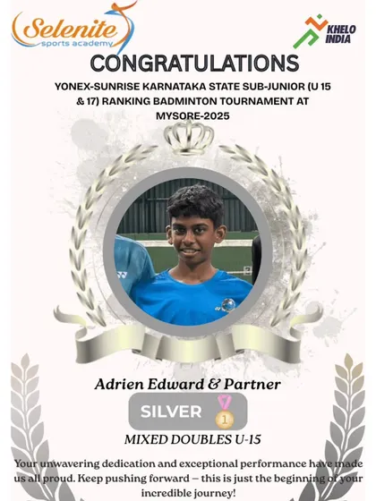 Strong silver medal finishes from Vihaan C (U-15 Boys Singles) and Adrien Edward (U-15 Mixed Doubles) at the Karnataka State Sub-Junior tournament in Mysore.