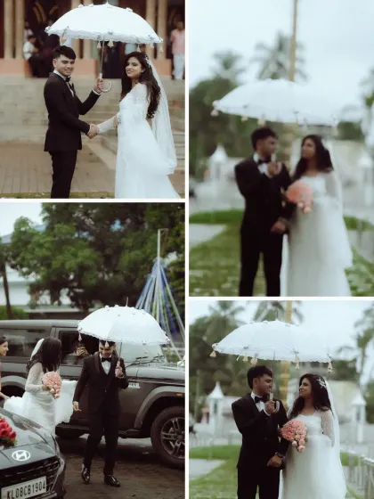 A collage capturing the sweet, candid moments of a couple's journey from the church. From the shared umbrella to the arrival in their wedding car, I ensure every part of the day is a beautiful memory.