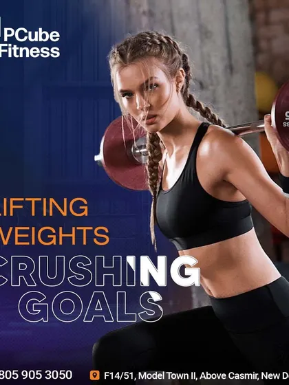 A graphic that says "Lifting Weights, Crushing Goals," featuring a woman performing a barbell squat.