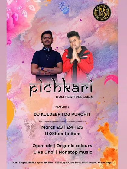 A poster from the 'Pichkari' Holi Festival in 2024. Open-air venue, organic colors, and live dhol alongside my DJ set made for an incredible experience.