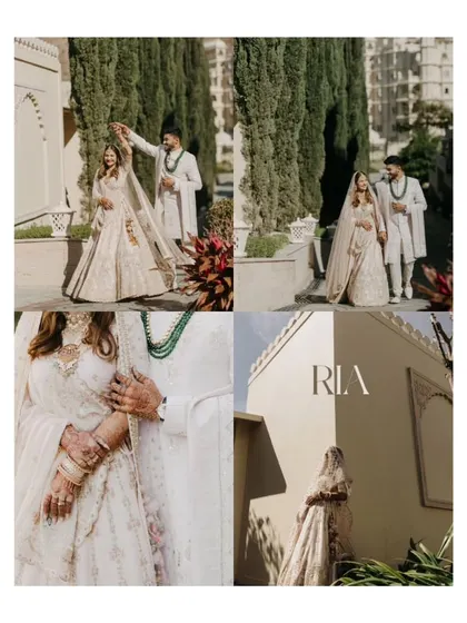 A collage of beautiful portraits of the couple, showcasing their elegant white wedding outfits and the stunning architecture of the venue.