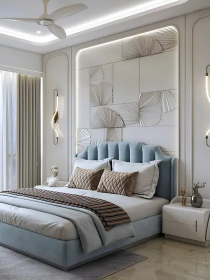 The bed area of the New English style master bedroom render, showcasing the 3D MDF panels behind the bed that add depth and texture.