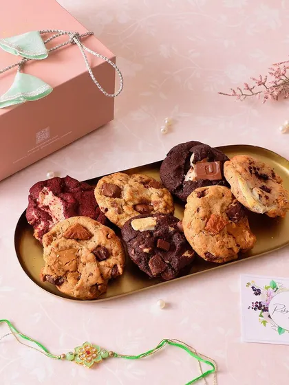 A delightful assortment of our chunk cookies, including Chocolate Chunk, Red Velvet, and S'mores, makes for a perfect Rakhi gift box.