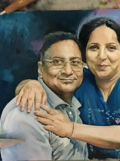An oil painting capturing the warm embrace of a couple. This was created for a client in Canada, and it's a perfect example of a heartfelt gift for parents or for an anniversary.