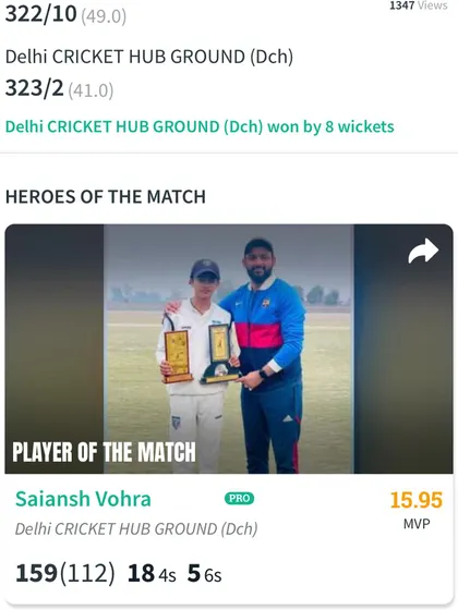 The scorecard showing Saiansh Vohra's massive 159 runs, earning him another 'Player of the Match' award.