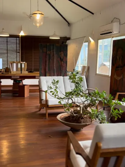 The lounge area in our Goa studio, where we hold team discussions and client meetings, surrounded by inspiration and natural materials.