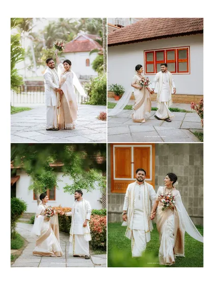 A collage of the couple's portraits from their fusion wedding, showing them walking, laughing, and enjoying their special day together.