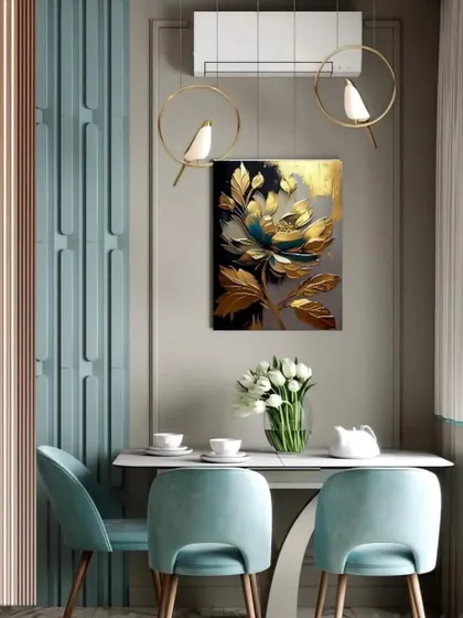 A stylish dining nook with elegant chairs and a floral art piece. The fluted wall panels and unique bird-themed pendant lights add texture and charm.