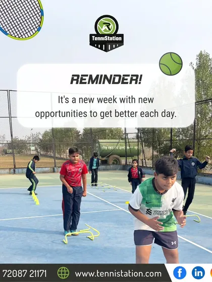 A new week brings new opportunities to get better each day. Here, our young players are engaged in footwork drills on the court.