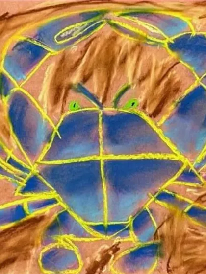 This drawing of a crab was created with oil pastels on a dark background, a technique that makes the colors pop. We explore various mediums to teach students about contrast and texture.