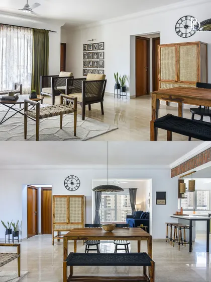 An overview of the 'Earthy Urban' apartment, highlighting the open-plan living and dining areas. The design uses consistent wood tones and natural materials to create a harmonious flow throughout the home.