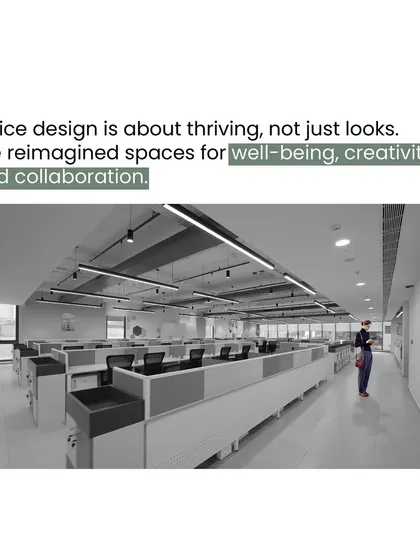 This black and white image highlights the clean lines and organized structure of an open-plan office we designed. It emphasizes our belief that good design is about creating spaces where people can thrive.
