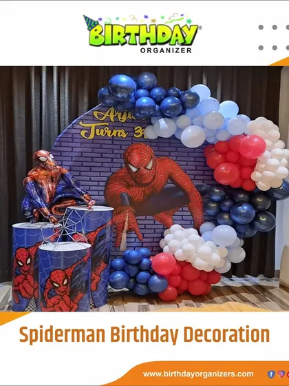 Bringing the friendly neighborhood Spider-Man to a 3rd birthday party. This setup features a custom backdrop with a city brick wall, character cutouts, and a red, white, and blue balloon garland.