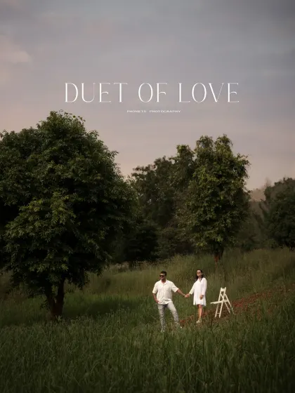 A wide, cinematic shot titled 'Duet of Love', capturing the couple in a vast green landscape, highlighting the scale of their love story.