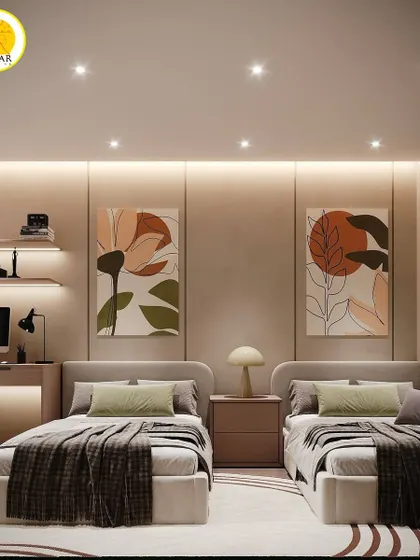 A cozy bedroom with twin beds, perfect for a guest room. The design uses warm lighting and abstract art to create a welcoming atmosphere.