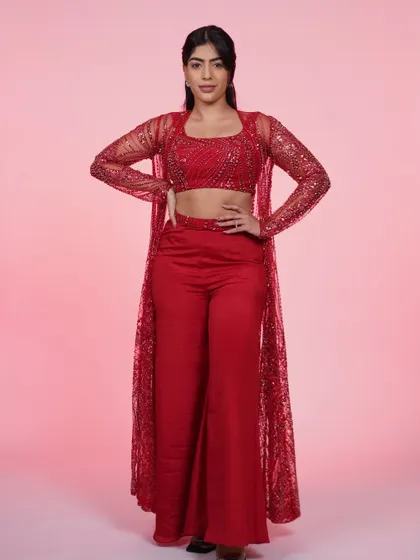 The full look of the red three-piece set. It's a head-to-toe statement that's ready for any party.